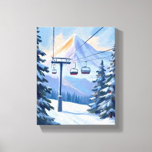 Ski Lift   Berg Winter Waterverf Skiën Canvas Afdruk