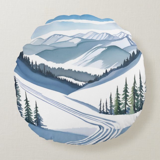 Ski Mountain Watercolor Rond Kussen (Voorkant)