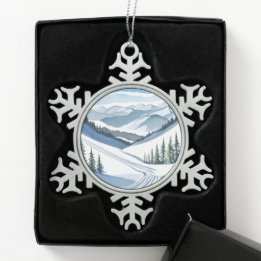 Ski Mountain Waterverf Tin Sneeuwvlok Ornament