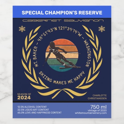 Ski Mt. Baker, Washington - Lady Skier Gele Tekst Wijn Etiket (Enkel label)