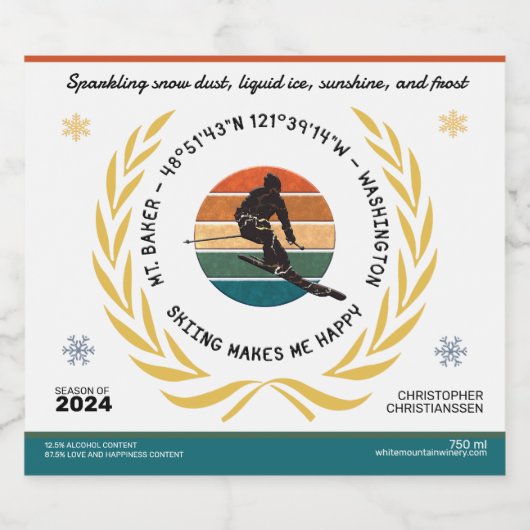 Ski Mt. Baker, Washington - Man skiër, zwarte teks Sparkling Wijnetiket (Enkel label)
