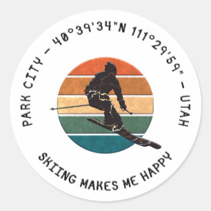 Ski Park City, Utah - Man skiër, zwart Tekst Ronde Sticker