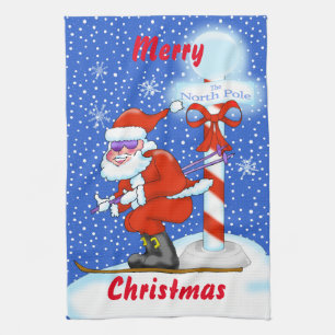 Ski Père Noël Serviette de cuisine de Noël