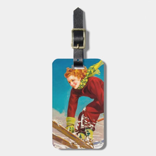 ski-poster, dame skicjumper bagagelabel (Voorkant verticaal)