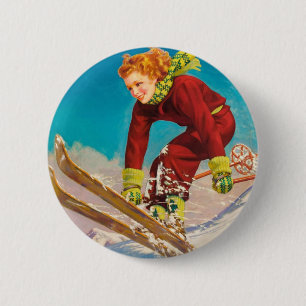 ski-poster, dame skicjumper ronde button 5,7 cm