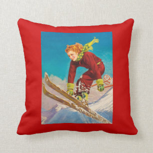  Ski Poster, Lady downhill skier Kussen