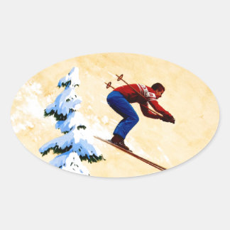  Ski Poster, Skispringer en dennenbomen Ovale Sticker