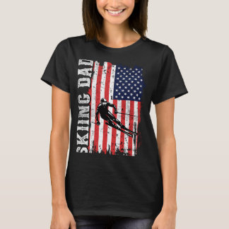 Ski Skiing Dad Winter Sports Father Skier US Flag T-shirt