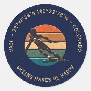 Ski Vail, Colorado - Vrouw skiër, gouden tekst Ronde Sticker