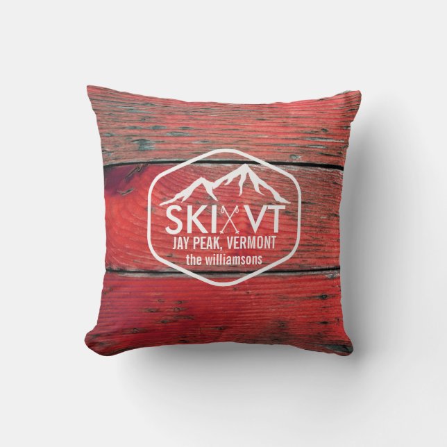 Ski Vermont Jay Peak Rustic Red Barnwood Kussen (Voorkant)