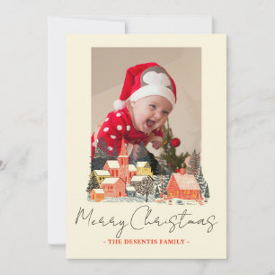 Ski Village Bergstad Eén Foto Kerstmis Feestdagenkaart