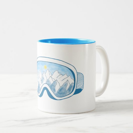 Skibrillen met reflectie over bergen tweekleurige koffiemok (Voorkant rechts)