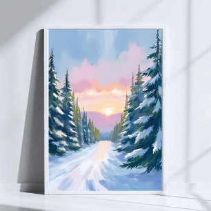Skiën bij zonsondergang   Winters bergskiën schild Poster