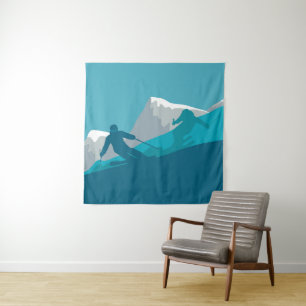 Skiën in bergen - Abstracte illustratie van kieren Wandkleed