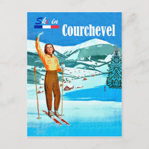 Skiën in Courchevel, vrouw op ski, Frankrijk Briefkaart