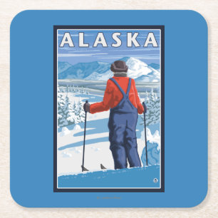Skiën in het Poster van de Vintage-reis in Alaska Vierkante Kartonnen Onderzetter