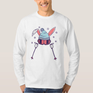 Skiën konijn met skistokken ski bril ski cap t-shirt