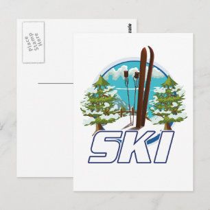 Skiën, ski-posterlogo. briefkaart
