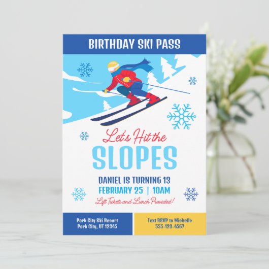 Skiën Verjaardag Uitnodiging Let's Hit the Slopes (Staand voorkant)