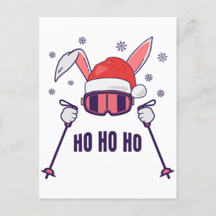 Skiende Santa Rabbit met Santa Hat en skistokken S Briefkaart