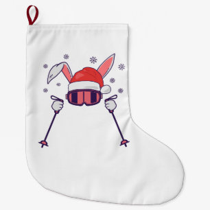 Skiende Santa Rabbit met Santa Hat en skistokken S Grote Kerstsok