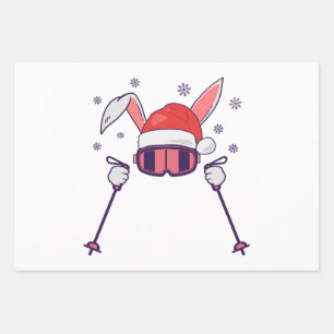 Skiende Santa Rabbit met Santa Hat en skistokken S Inpakpapier Vel