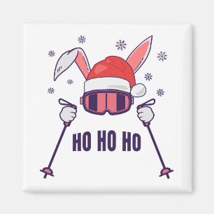 Skiende Santa Rabbit met Santa Hat en skistokken S Magneet