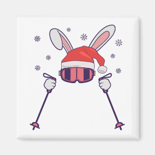 Skiende Santa Rabbit met Santa Hat en skistokken S Magneet