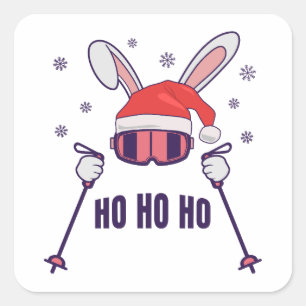 Skiende Santa Rabbit met Santa Hat en skistokken S Vierkante Sticker