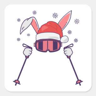 Skiende Santa Rabbit met Santa Hat en skistokken S Vierkante Sticker