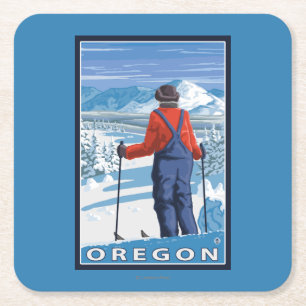 Skier Admiring - Vintage Travel Poster Vierkante Kartonnen Onderzetter