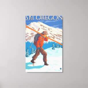 Skier Carrying Snow Skis- Vintage Travel 3 Canvas Afdruk