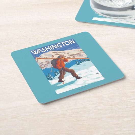 Skier Carrying Snow Skis - Washington Vierkante Kartonnen Onderzetter (Schuin)