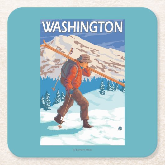Skier Carrying Snow Skis - Washington Vierkante Kartonnen Onderzetter (Voorkant)