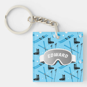 Skiër Gepersonaliseerd Skiën Thema Blauw Sleutelhanger
