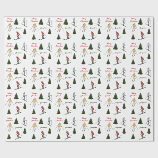Skiers And Fir Trees Christmas Pattern With Text Cadeaupapier (Vlak)