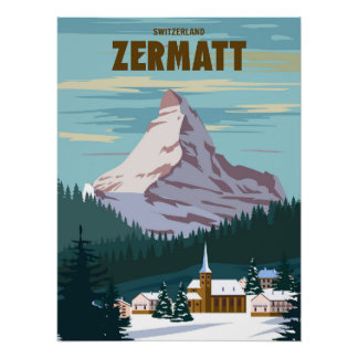 Skigebied Zermatt poster, retro, Alpes Winter Perfect Poster
