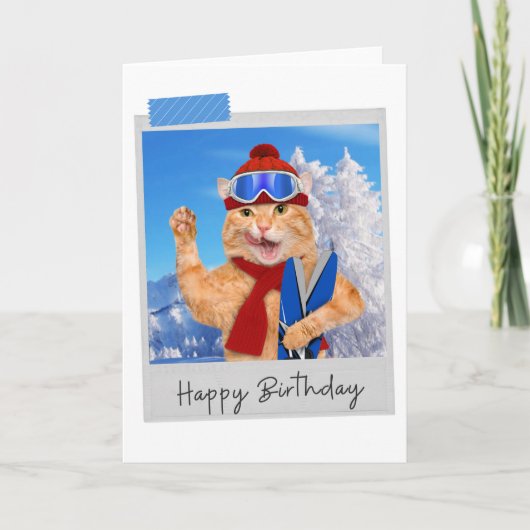 Skiing Ginger Cat Funny Birthday Card Kaart (Voorkant)