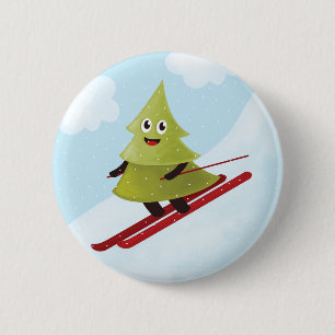 Skiing Happy Pine Tree Winter Ronde Button 5,7 Cm