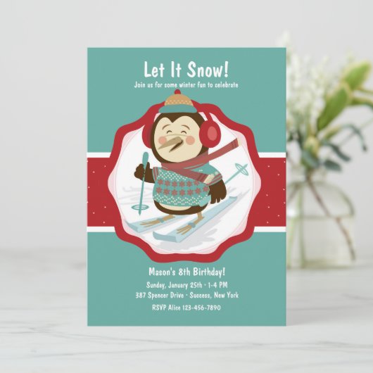 Skiing Penguin Uitnodiging (Staand voorkant)