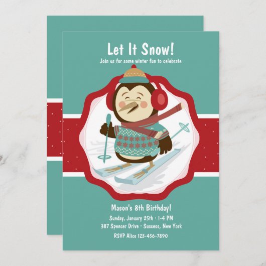 Skiing Penguin Uitnodiging (Voorkant / Achterkant)