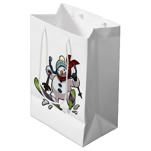 Skiing Snowman in Wooly Pet Cartoon Medium Cadeauzakje (Voorkant Gekanteld)