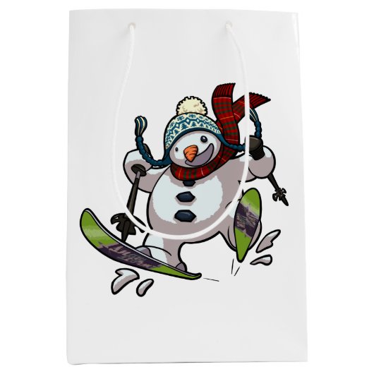 Skiing Snowman in Wooly Pet Cartoon Medium Cadeauzakje (Voorkant)