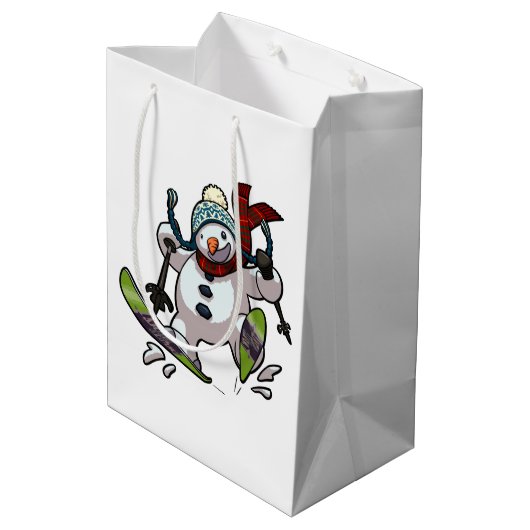 Skiing Snowman in Wooly Pet Cartoon Medium Cadeauzakje (Achterkant Gekanteld)