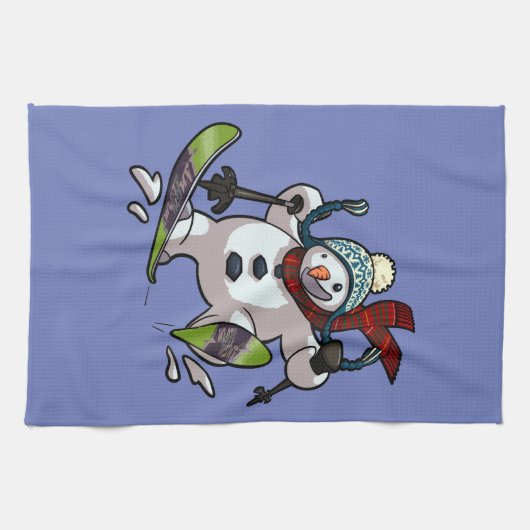 Skiing Snowman in Wooly Pet Cartoon Theedoek (Horizontaal)