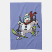 Skiing Snowman in Wooly Pet Cartoon Theedoek (Verticaal)