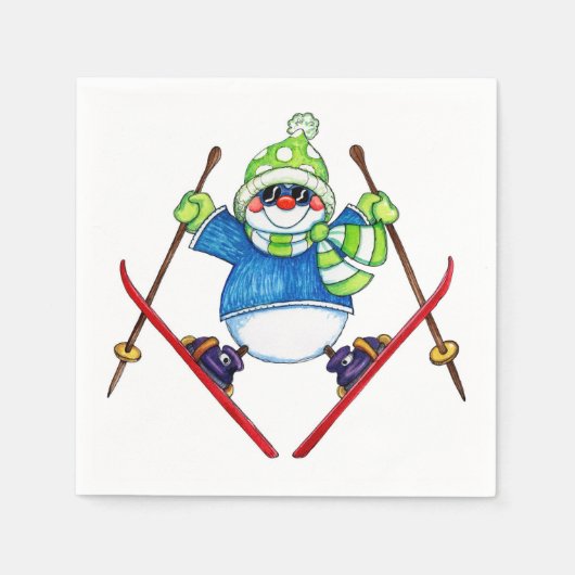 Skiing Snowman - Papier Napkins Servetten (Voorkant)