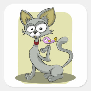 Skinny Cat and Pink Bird Vierkante Sticker