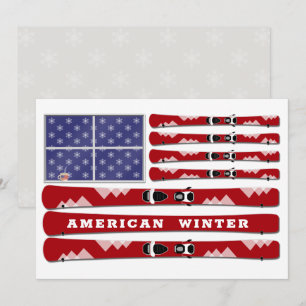 Skis and Snowflakes USA Vlag voor de winter Feestdagenkaart