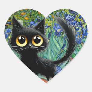 Skittish Black Cat in een veld van Paarse irissen Hart Sticker